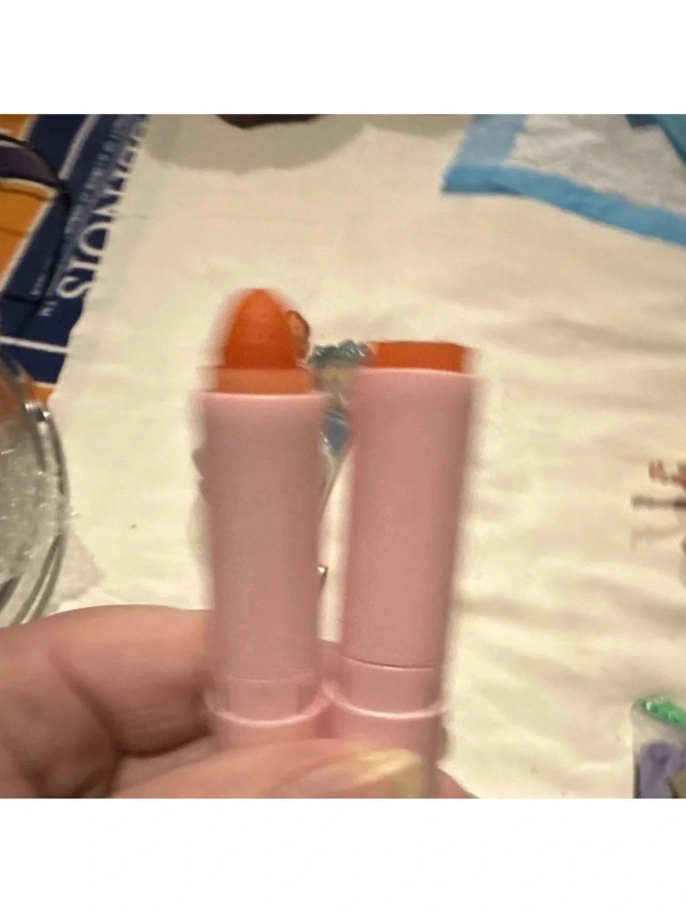 Vintage Ceramic Blue and Pink Lady Figurine lip stick holder  Set